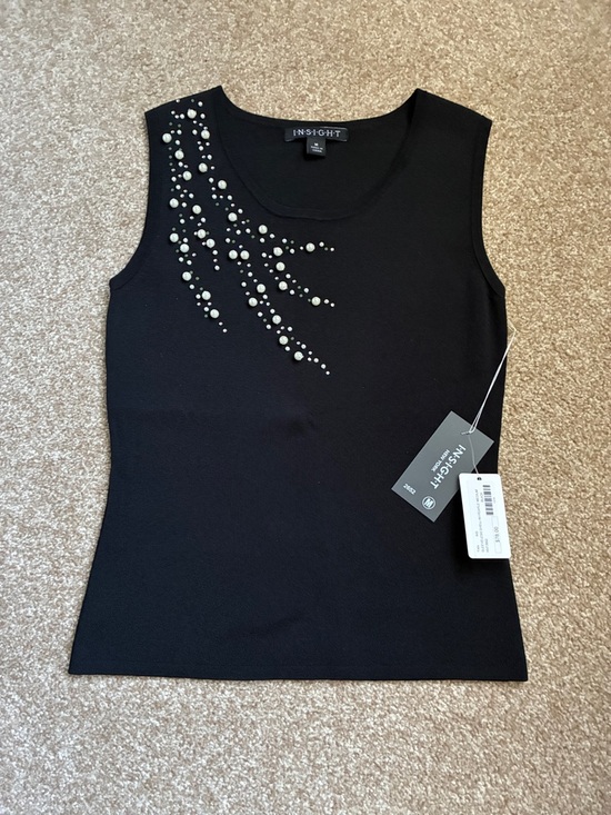 Insight Sweaters - Black Sleeveless Top with Pearl Embellishments